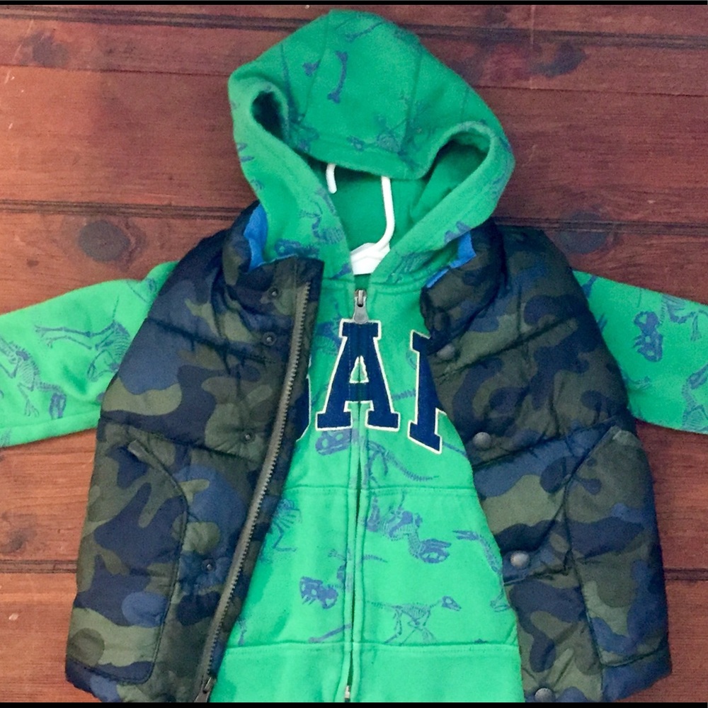 Baby Gap dinosaur logo zip-up and camo puffer vest